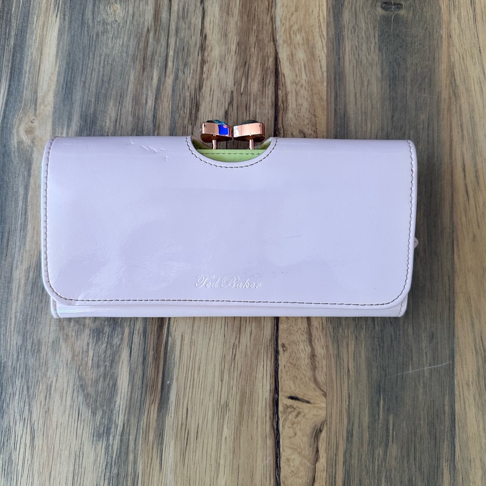 Ted Baker Patent Light Pink Wallet with Gold Accents